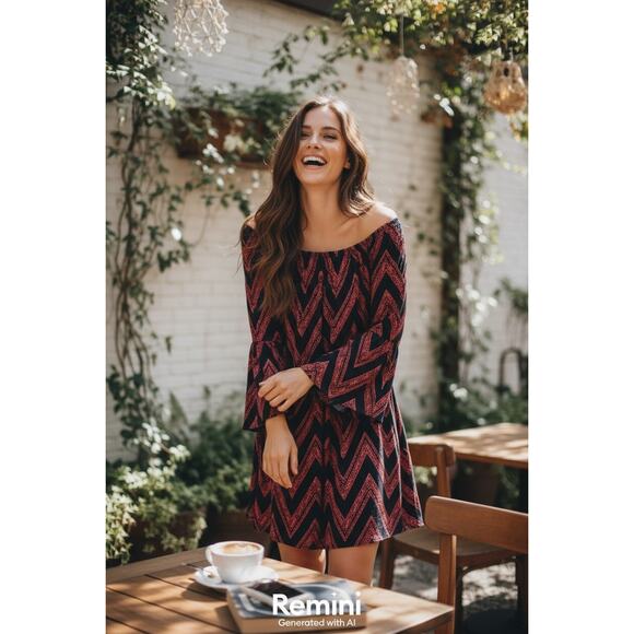 Boho Chevron Off-Shoulder Dress | Bell Sleeve Navy & pink Mini | Flowy Fit - Picture 2 of 4